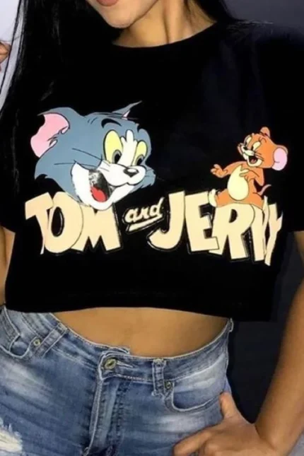 Tom ve Jerry Baskılı Bayan Crop